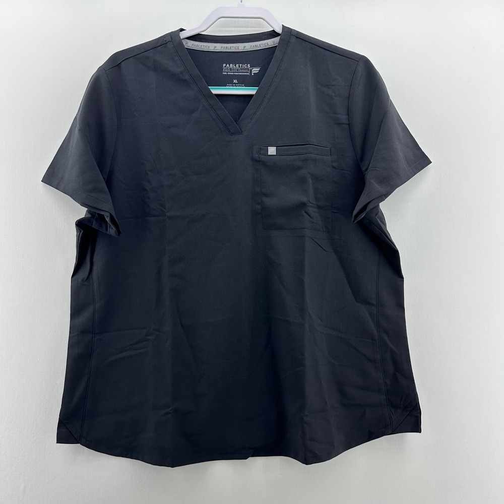 Fabletics XL Black V Neck Scrub Top Feel Good Performance Short Sleeve Pocket
